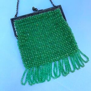 Antique 1930s green beaded fringe evening bag